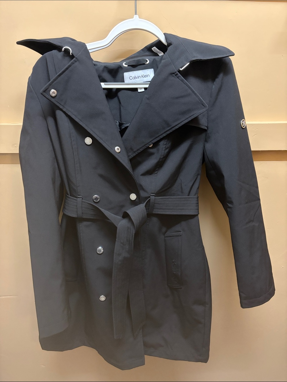 Calvin Klein Women's Black Belted Trench Coat with Notch Collar